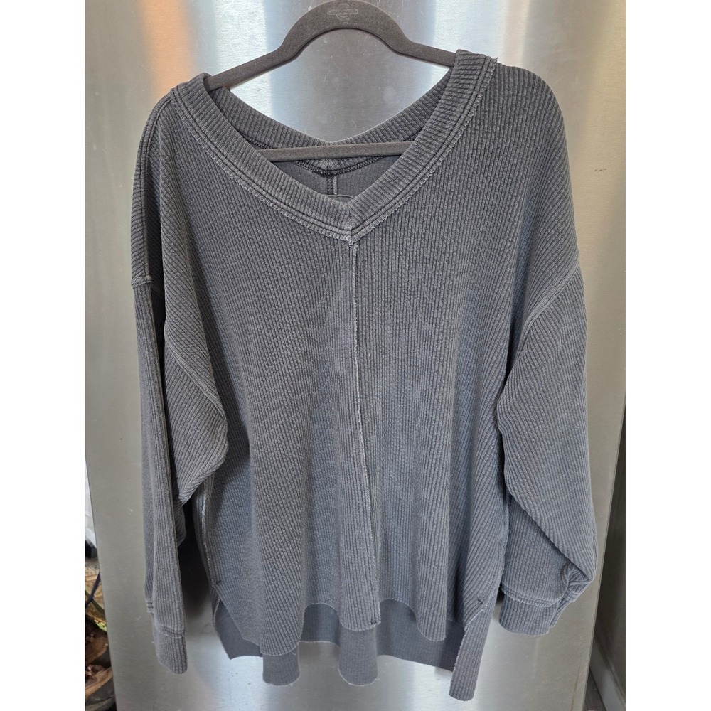Aerie Women L Pullover Top Grey Waffle Knit V-Neck Long Sleeve Oversized Thermal